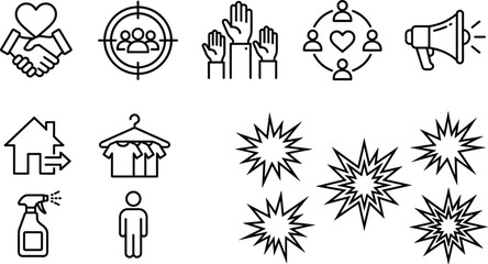 Fototapeta premium Business Partnership Marketing Announcement and Target Audience Icon Set with Home Cleaning Service and Comic Starburst Elements