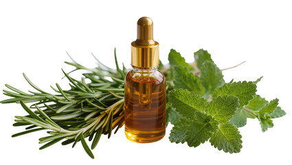 Amber essential oil in dropper bottle with rosemary and mint sprigs, isolated on transparent background © Daniel