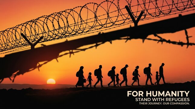 Silhouette of a group of refugees walking towards the sunset