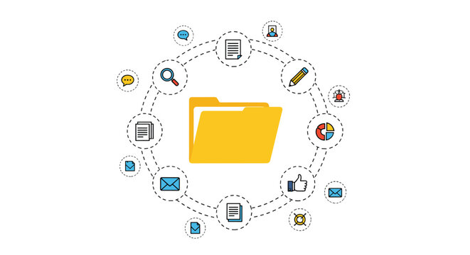 Centralized data management concept featuring a yellow file folder surrounded by various business and digital information icons.