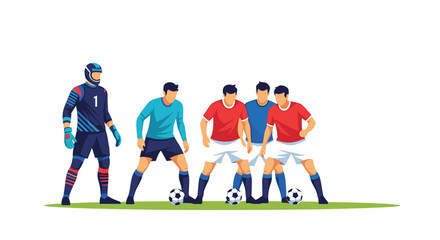 Fototapeta premium Professional soccer team players in blue and red uniforms with white shorts standing together on a grass field.