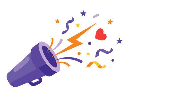 Colorful purple megaphone blasting out celebratory elements like stars confetti and lightning bolts against a white background.