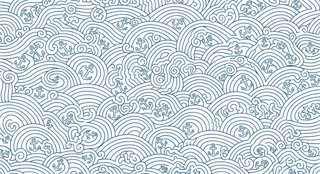 Traditional japanese blue wave pattern background with small white anchors integrated into the curly waves in nautical style.