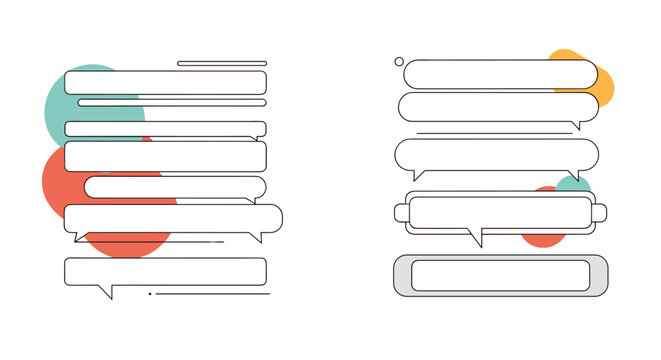 Template featuring two distinct columns of empty speech bubbles and text message boxes accented by soft colorful circular shapes.