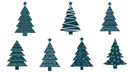 Obraz premium Collection of various modern christmas tree icons with different patterns in a dark teal color palette on white base.