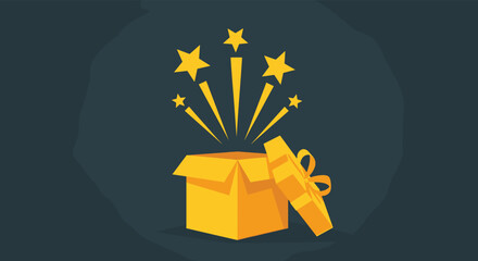 Obraz premium Surprise gift box illustration with golden stars and light rays bursting out from an open box on dark background.