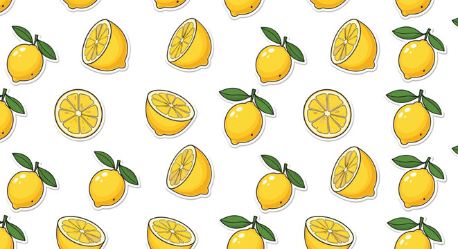 Fresh lemon pattern featuring whole yellow fruits with green leaves and sliced lemons for a bright citrus background.