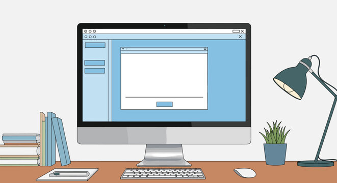 Modern workspace setup with a desktop computer showing a blank window next to a lamp, books, and a plant on a desk.