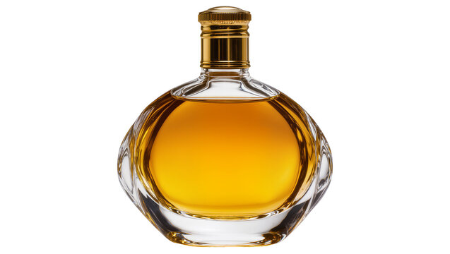 Elegant glass perfume bottle with golden cap filled with amber liquid, isolated on transparent background