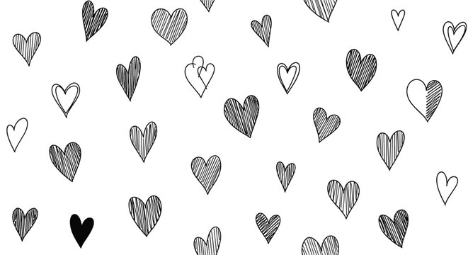 Romantic pattern featuring various hand drawn heart sketches in black ink scattered on a clean white background paper.
