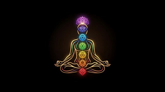 Meditating person with colorful chakra symbols on body against black background representing spiritual and wellness concepts