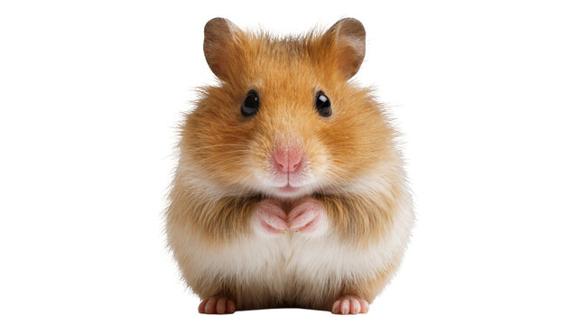 Fluffy Syrian hamster with paws clasped, isolated on transparent background