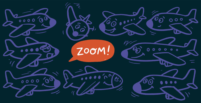 A collection of cute cartoon airplanes flying with happy faces and a speech bubble saying ZOOM!.