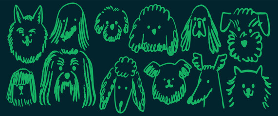 A charming collection of diverse dog breeds illustrated in a stylized neon green outline on a dark background. © Riki