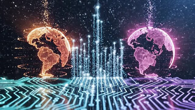 Abstract digital globes displaying global data and communication