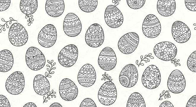 Detailed seamless pattern of hand drawn Easter eggs in black and white line art featuring various intricate geometric and floral design patterns.