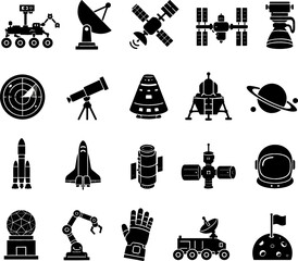 Space Exploration and Technology Icon Set with Rover Satellite Telescope Rocket Shuttle Astronaut Helmet and Observatory Black Vector Graphic Elements © monoara