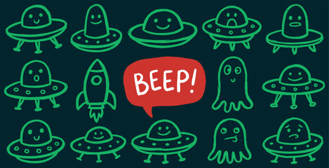 A collection of cute, hand-drawn cartoon aliens and UFOs with various expressions, set against a dark background. © Riki