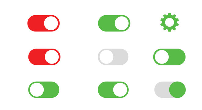Digital interface control set including on and off toggle switches along with a green settings gear icon for system configuration.