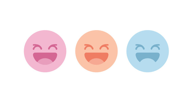 Set of three laughing emoji characters in soft pink orange and blue colors representing joy and happiness for social media use.
