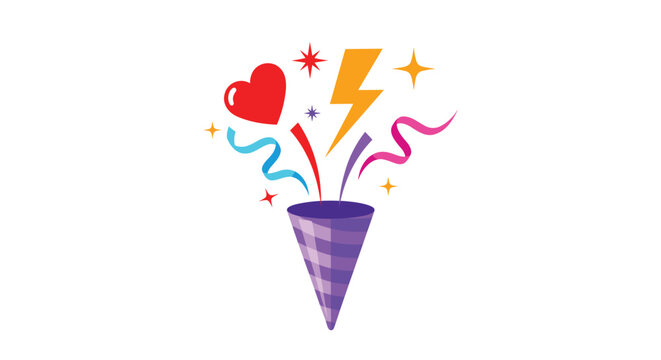 Colorful party popper exploding with festive confetti hearts and a lightning bolt symbol for celebration and surprise events.