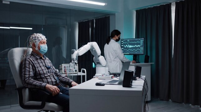Neuroscience research patient wearing brain sensors during eeg test in modern medical laboratory