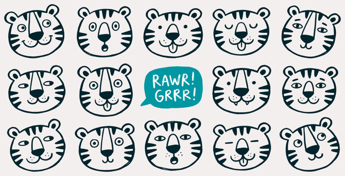 Collection of cute tiger faces with different emotions and expressions, hand-drawn style.