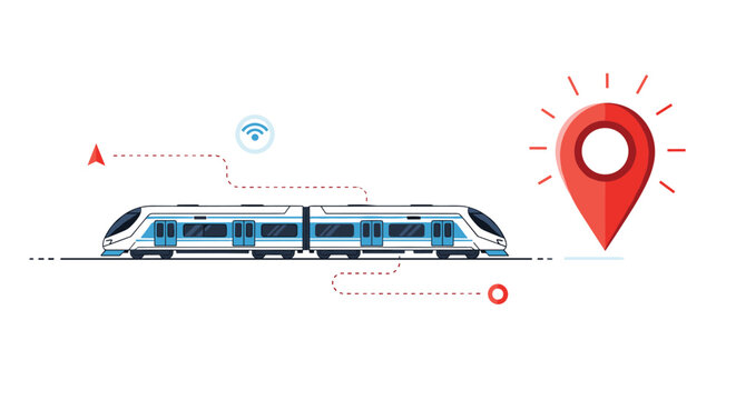 High speed modern passenger train traveling along tracks towards a large red destination location pin for travel logistics concepts.