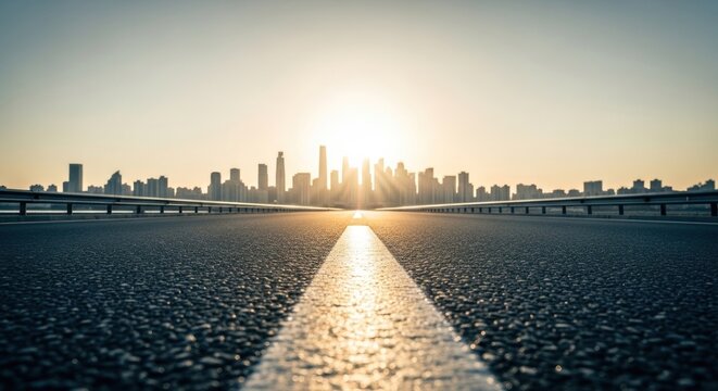 A city skyline at sunset with a road leading to the urban landscape