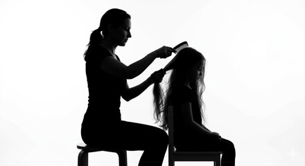 Silhouette of mother combing her daughter hair in the room