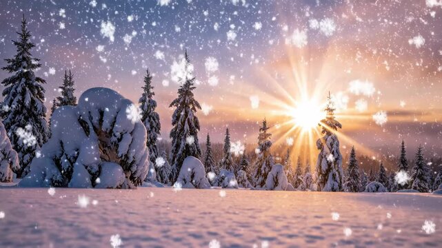 A serene winter landscape featuring a snowcovered forest at sunset with soft sunlight filtering through the trees and large snowflakes falling gently