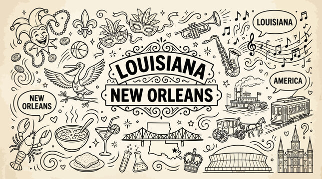Louisiana New Orleans culture and music vector illustration featuring jazz instruments, Mardi Gras masks, steamboat, cathedral, Superdome, cuisine, and iconic state symbols in artistic design