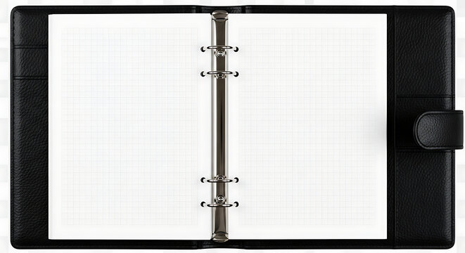 Open black leather binder notebook with blank grid paper pages, 6-ring mechanism organizer on transparent background