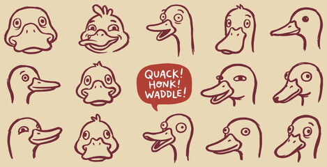 Collection of cartoon duck heads in various expressions and poses, with speech bubble saying Quack Honk Waddle. © Riki