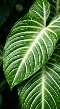Striking white veins on large green tropical leaves create dramatic natural pattern and texture for modern interior design and plant care.