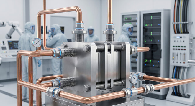 Cleanroom laboratory setup with industrial pressure valves and instrumentation pipes for scientific research.