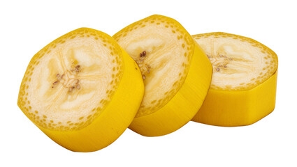 Three bright yellow banana slices with visible seeds, isolated on transparent background © Daniel