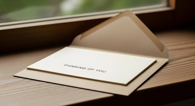 Greeting card with 'Thinking of You' message inside an open beige envelope on a wooden table near a window with natural light