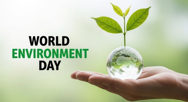 Human hand holding transparent glass globe with a green plant growing inside for World Environment Day