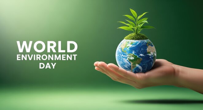 Green plant growing on top of planet earth globe held by hands for World Environment Day