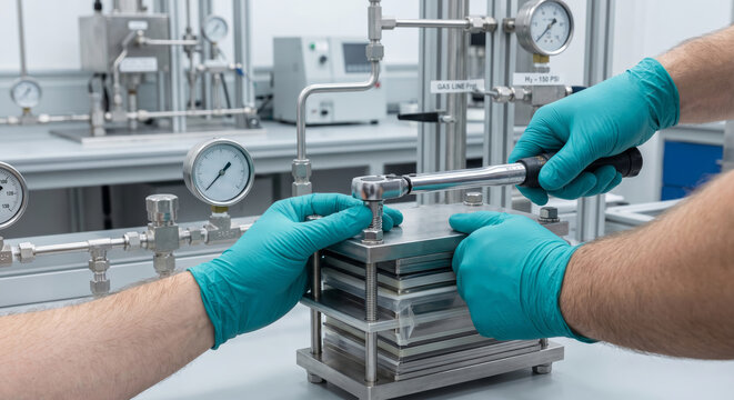 Engineers in protective gloves assemble a metal fuel cell stack using a torque wrench in industrial setting.