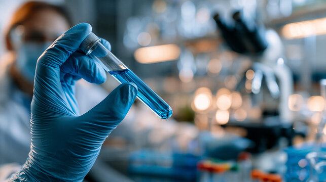 Scientist wearing blue protective gloves holding a test tube containing a vivid blue liquid in a laboratory, the image symbolizing chemical analysis, medical research, and biotechnology