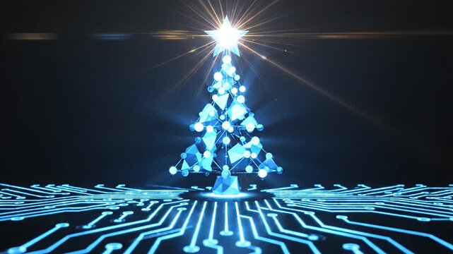 Abstract digital christmas tree on circuit board with glowing star