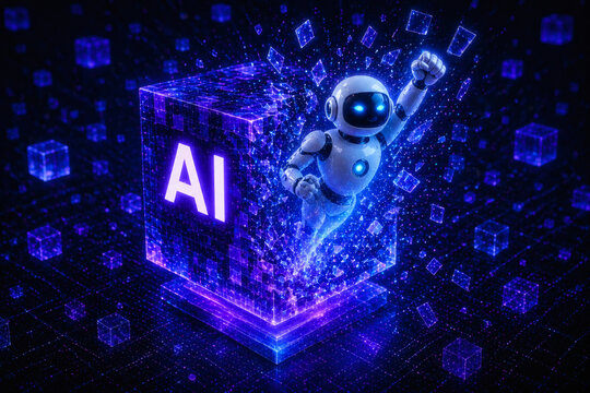 Cute AI Robot Breaking Free from a Glowing Purple AI Cube Dark Background