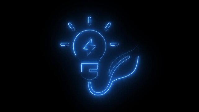 Glowing neon light bulb with leaf animation for sustainable energy and eco-friendly technology concepts