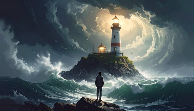 A lone figure gazes at a lighthouse on a rocky isle amidst a stormy sea