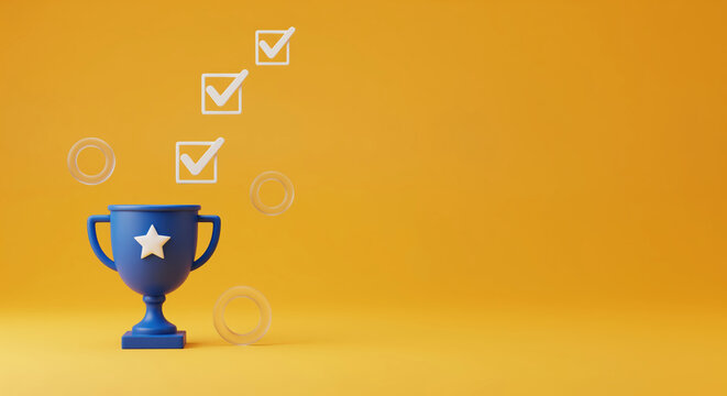 Checklist built around a trophy for award entry pages, rating survey results, course pass notices and service ranking articles that need a quick visual cue for approved tasks and top score badge