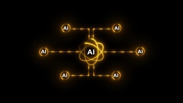 AI Agent Hub Connecting Digital Service Icons for Automation and Finance.Network of glowing AI agents connected by lines on black background artificial intelligence. 4k video motion graphics