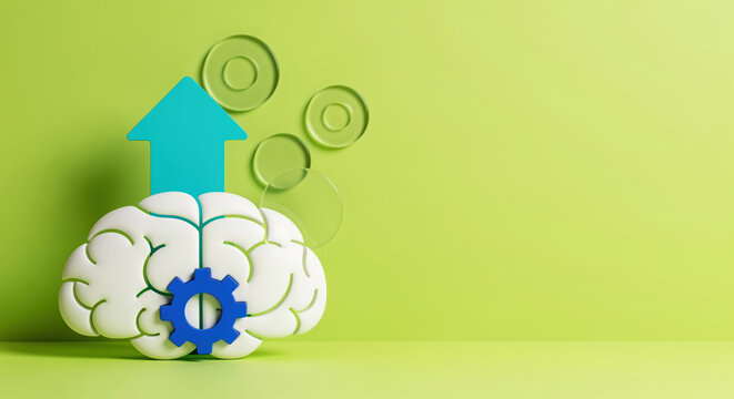 Cognitive function enhancement training or mental efficiency improvement process showing human brain model with gear icon and growth arrow pointing up against green background copy space