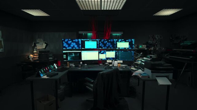 Empty high tech computer lab or hacker hideout with multiple monitors displaying data in a dark room